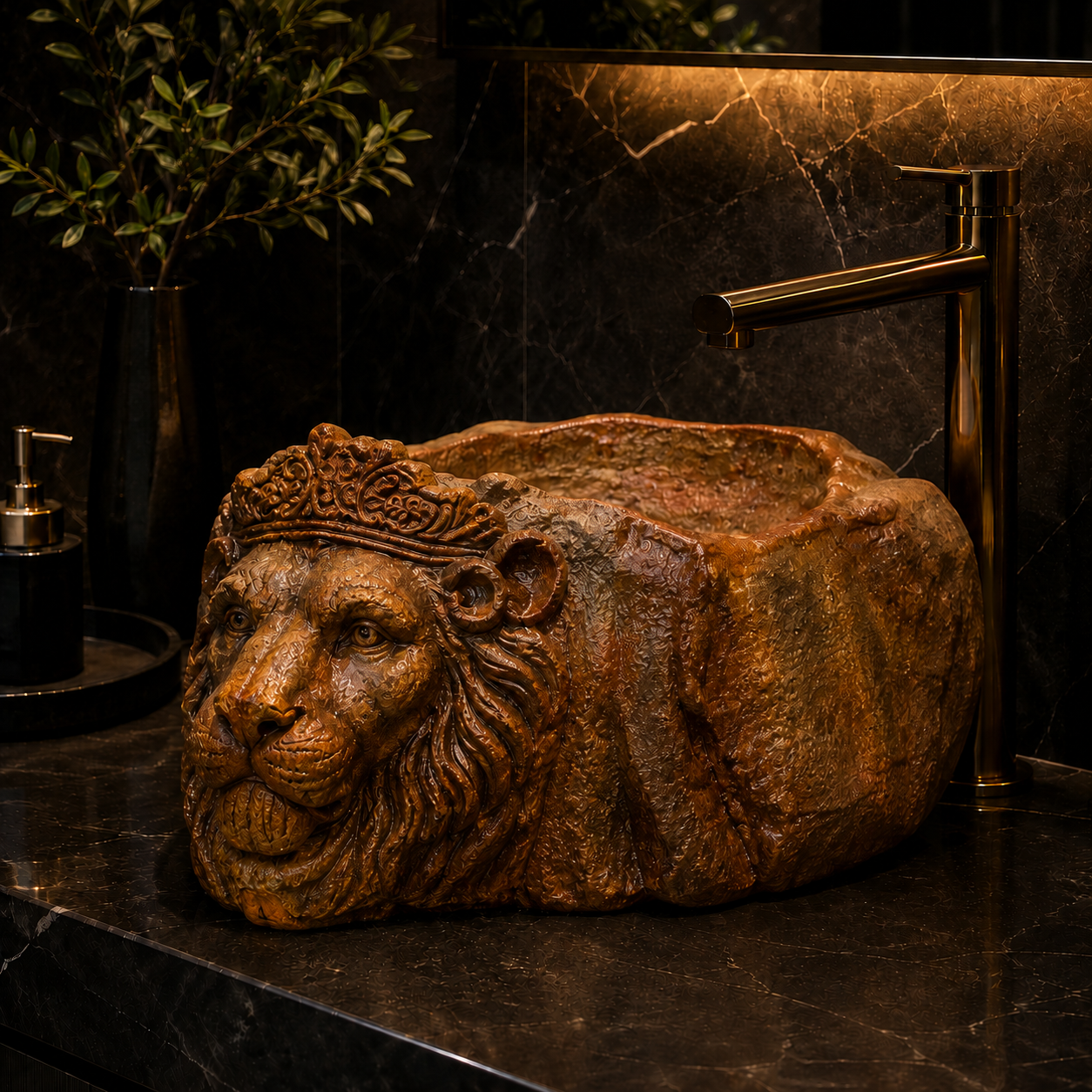 Vasque tête de lion Maison Cratère dans une salle de bain de luxe